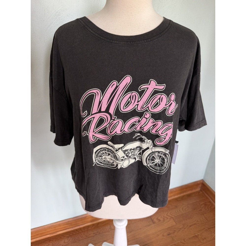 Urban Nation Motor Racing mineral-washed charcoal black cropped graphic t-shirt